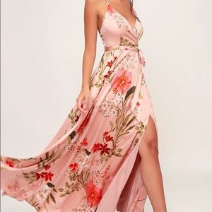Blush Pink Floral Print Satin Maxi Dress